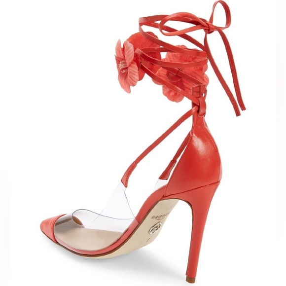 Brother Vellies De Fleur Ankle Tie Pointed Toe Pumps Red Orange PVC Sz 6 - Picture 2 of 15